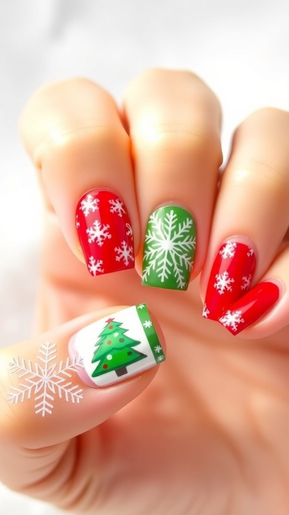 A close-up of Christmas-themed nail art with red, green, and white designs, including snowflakes and Christmas trees.